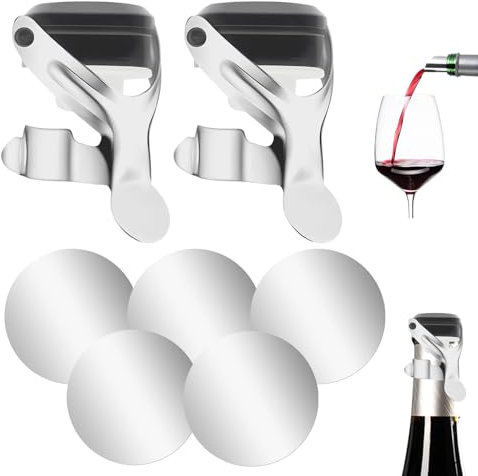 2 Pezzi Tappo per Spumante, Tappi per Bottiglie Vino Spumante, Tappi in Acciaio Inossidabile Tappo Professionale Riutilizzabile da Vino con 5 Versatore di Vino per Vino Rosso, Champagne, Prosecco