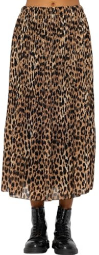 SASSYCLASSY Langer Plissée Leoparden Rock Damen Elegant - Midi aus Fließendem Chiffon in A Linie mit Elastischer Taille, Animal Print, Leo Design Gelb Braun Schwarz - Größe S bis L