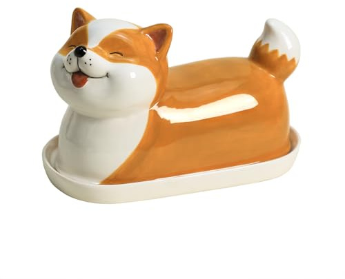 Bicuzat Ceramic Dog Butter Dish with Lid, Butter Keeper Butter Container Tray for Kitchen Countertop, Dog Butter Crock Keeper Saver