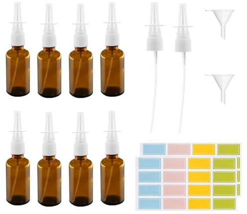 TOKSEO Nasenspray Flasche Leer, 8 Stück 20ml Glas Nasen Sprühflaschen Braun, Wiederverwendbar Glas Nasenspray mit Ersatzdüse, Etiketten, Trichter, für Parfüm, Ätherische Öle, Kochsalzlösung