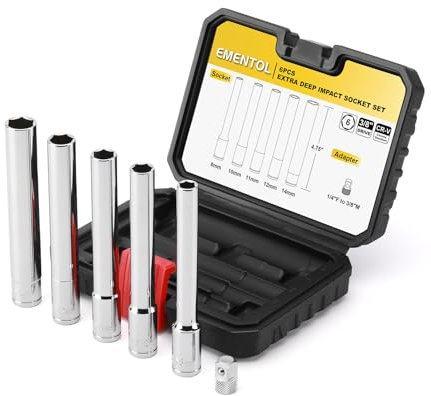 EMENTOL 6PCS 3/8-Inch Drive Metric Deep Socket Set, 8-14MM Deep Sockets&1/4-inch F-3/8-inch M Socket Adapter, Extra Long, 6-point