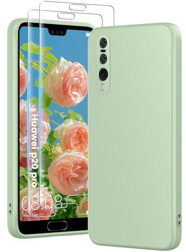 PuyaTeya 3 in 1 Hülle für Huawei p20 pro, mit 2 Stück 9H Panzerglas Premium Liquid Silikon Hülle, mit 4-Layer stoßfeste abriebfestes, Soft Mikrofaserfutter Kratzfes Schutzhülle (hellgrün)