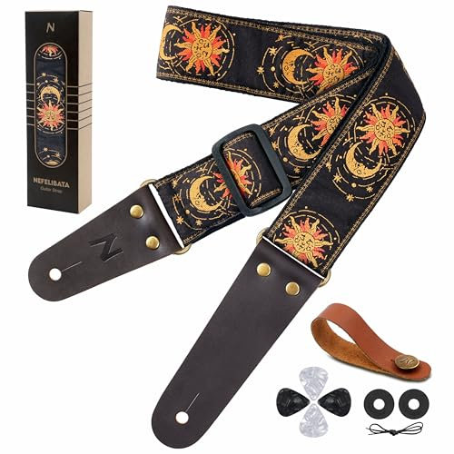 Nefelibata Gitarrengurt, Sonne & Mond Stickerei Gitarrengurte mit Kopf Rindsleder Enden für Bass, elektrische & akustische Gitarren, kostenlose Gurtknopf, 1 Paar Gurtschlösser und 4 Gitarrenplektren