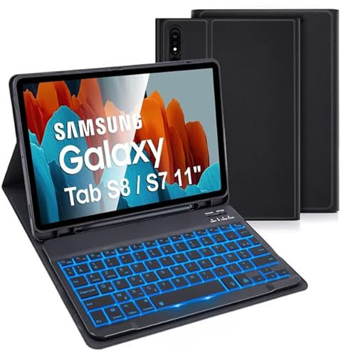 LAMA Étui Clavier pour Samsung Galaxy Tab S8 11 2022/Tab S7 11 2020, étui Clavier sans Fil, étui Clavier Bluetooth avec rétroéclairage, rétroéclairage 7 Couleurs(AZERTY Français), Noir