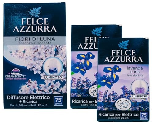 Set Felce Azzurra: Confezione Diffusore Elettrico Luminoso+Ricarica 20ml Fiori di Luna, Essenza Rilassante+2X Ricarica per Diffusore Elettrico 20ml (Diff. con Ricarica+2xLAVANDA E Iris)