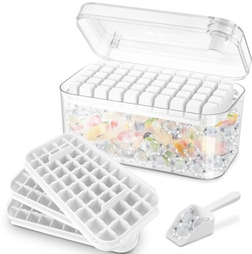 Stampo per Ghiaccio Da 150 Cubetti, Ghiaccio Stampo Completo di Coperchio e Contenitore Basta Premere per Rilasciare Il Ghiaccio Include 3 Livelli, Un Secchiello per Il Ghiaccio e Una Paletta (Bianco)
