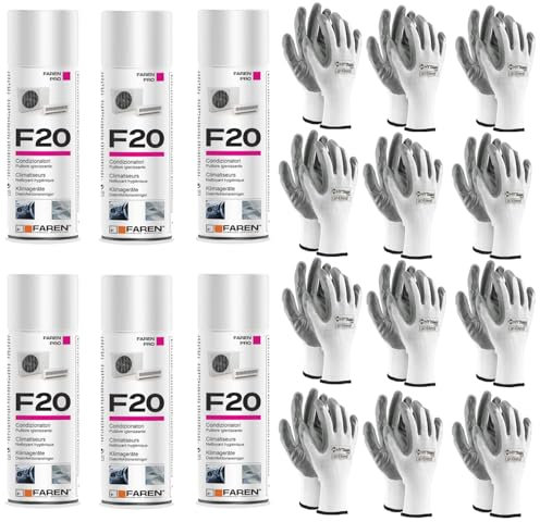 Igienizzante Spray F20 per Climatizzatori di Casa e Auto, gradevolmente profumato a base alcolica, 6pz x 400ml + 6 Paia di Guanti