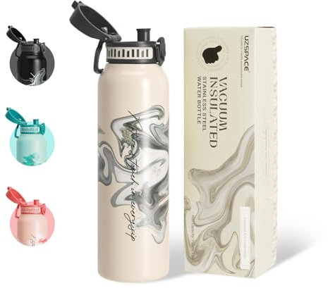 UZSPACE Botella de acero inoxidable de 1 l (970 ml), botella deportiva aislada con tapa abatible, apertura de 1 clic, a prueba de fugas, botella de agua para senderismo, deportes, gimnasio, exterior