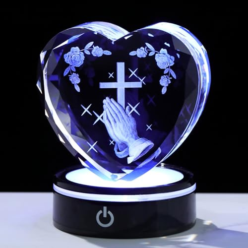 Arikyrist 3D-betende Hände mit Kreuz, Kristall-Herz-Figuren, bunte LED-Lichter