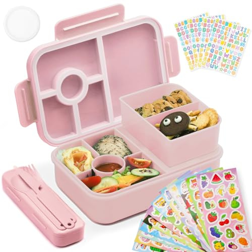 Bugucat Brotdose Kinder mit Fächern 1300ML, Auslaufsicher Lunchbox Kinder mit 16 Aufkleber, Bento Box mit Besteckset, Brotdose Vesperdose Frühstücksbox für Mädchen & Jungen,Rosa