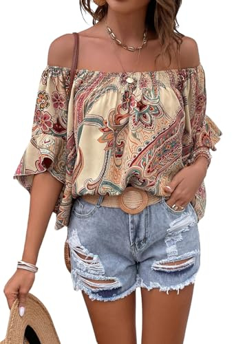 GORGLITTER Damblus, elegant, lös blus med blommönster, volangblus med 3/4-långa ärmar, gratis toppar, kaki, L