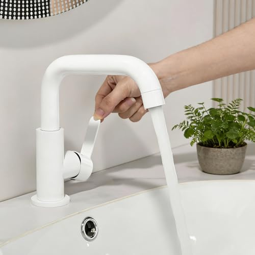 ONECE Waschtischarmatur mit 360° Drehbar, Weiß Wasserhahn Bad | Einhebelmischer mit Auslauf Höhe 136.5 mm für Waschbecken | Edelstahl SUS304 | Abnehmbar Bubbler