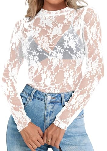 Elesomo Women's Lace Long Sleeve Tops See Through Sheer Mesh Shirt Mock Neck Blouse, White XL