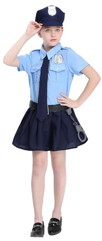 Polizei Kostüm Kinder mit Kleid Hut Krawatte Gürtel Handschellen, Polizei Spielzeug für Mädchen Halloween Karneval Cosplay