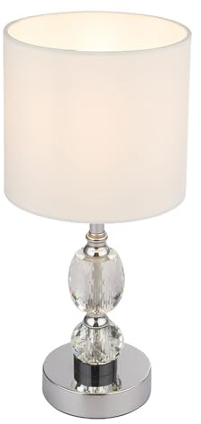 Tischleuchte Chrom, Textil weiß, Kristallglas klar Tischlampe
