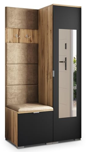 Masseno Flugarderoben Set VIRA, Kleiderschrank-Set mit Spiegel und Sitzbank, Garderobenschrank Flur mit 3 Regalböden, Eiche Wotan/Schwarz