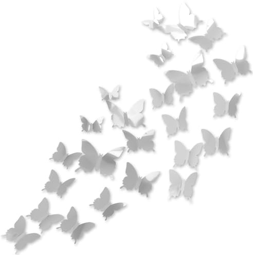 24 Stück Schmetterling Deko in 3 Größen für Mädchenzimmer | 3D Spiegel Schmetterlinge für Die Wand in Silber | Abnehmbare Wandaufkleber für Kinderzimmer Schlafzimmer Hochzeiten Partys