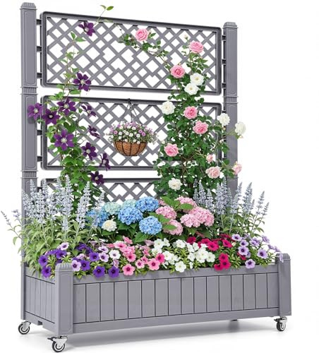 YITAHOME Hochbeete mit Rankgitter 108.5X44X155CM,Abflusslöchern und Rollen | Raised Planter for Climbing Plant,Hold 6.8 kg for Vegetable Flower Grau