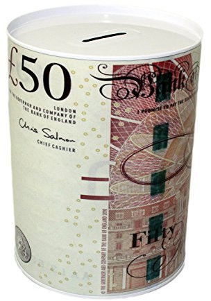 £50 Pound Money Tin Can Box With Printed Piggy Bank Note For Saving Cash. (Small)