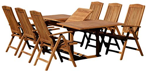 ASS XXL Teak Set: Gartengarnitur Ausziehtisch 180-240cm + 6 Hochlehner Sessel Holz Serie JAV-Tobago