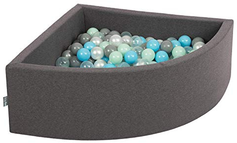 KiddyMoon Viertel Eckig Bällebad Bällepool 90X30cm/200 Bälle ∅ 7Cm Ballgruben Für Babys Spielbad Kleinkinder, Hergestellt In Der EU, Dunkelgrau:Perle/Grau/Transparent/Babyblue/Minze