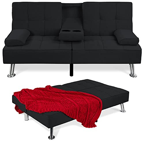 Best Choice Products Linen Modern Folding Futon, Reclining Sofa Bed for Apartment, Dorm w/Removable Armrests, 2 Cupholders - Black