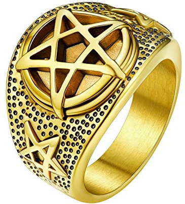 FaithHeart Herren Jungen Pentagramm goldener Siegelring in Ringgröße 67.2 Retro Fingerring Punk Gotik Bandring mit Schmuckbox für Geburtstag Weihnachten