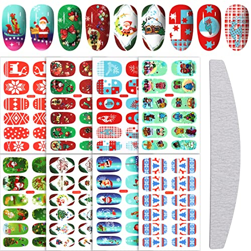 Kalolary 8 Blätter Nagel Aufkleber mit 1 Stücke Nagelfeile, Weihnachten Nagelaufkleber Nail Art Decals Aufkleber Sticker Selbstklebende Maniküre Sticker Schöne Mode Dekoration Nagelsticker(B)