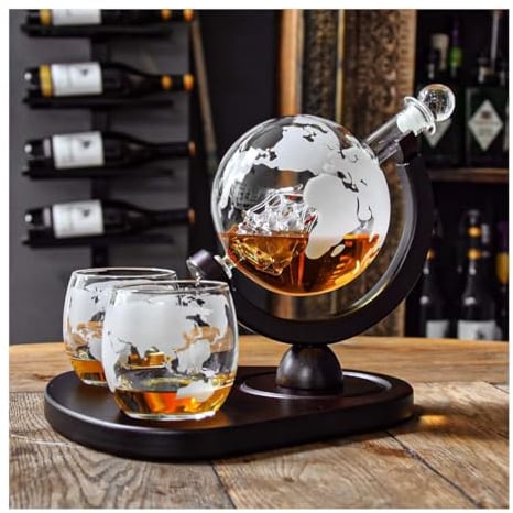 MikaMax, Whisky Karaffen-Set, Globe Decanter Deluxe Set, Globus Dekanter, Inklusive 2 Globus-Whiskygläser, Geschenk für Männer, Transparent, 9 Whiskysteine, Glas-Karaffen-Set.