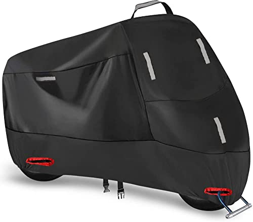 Motorrad Abdeckplane 300D Motorradabdeckung Roller Abdeckung Wasserdicht Moped Plane Motorradgarage mit 5 Reflektionsstreifen und 2 Schlossloch, 2 Winddichte Schnalle und 1 Tasche(XXXL: 265x90x125cm)