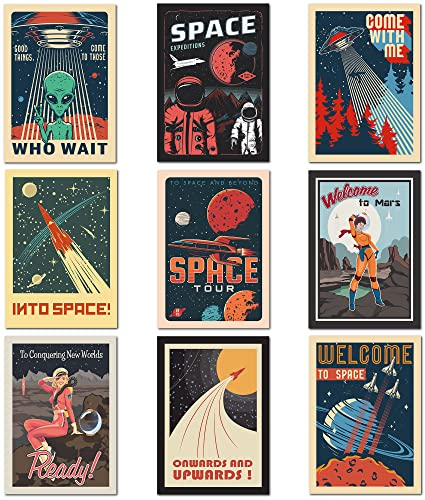 Olivia Samuel Wandkunst, Weltraum, A4, Wandkunst auf dickem 350 g/m² Karton, Vintage-Retro-Stil, Astronauten-Posterdesigns, ungerahmt ** 9 Stück