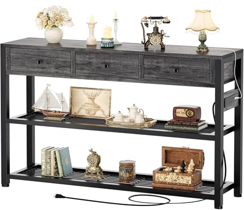 Ecoprsio Table d'entrée de 119,4 cm avec prises et ports USB, table console avec 3 tiroirs, table de canapé étroite et longue avec étagères de rangement pour salon, canapé, couloir, foyer, comptoir de