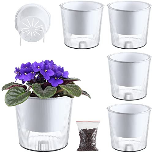 4 Stück 16.5 cm transparente selbstbewässernde Pflanzgefäße und Töpfe für Zimmerpflanzen, große Orchideen-Blumentöpfe, Kunststoffdocht, Blumentöpfe, Heimdekor-Topf, Ton-Kieselsteine enthalten