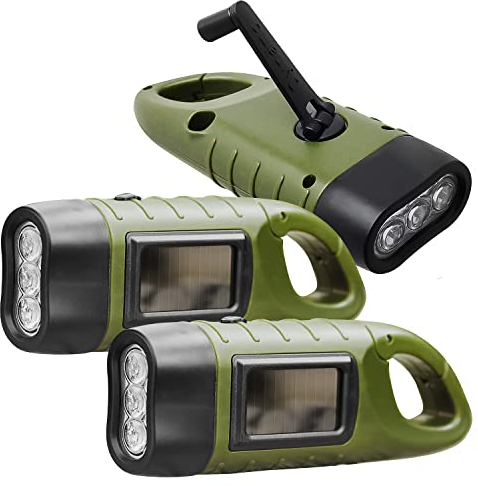 REKALRO Linterna LED recargable con manivela de mano, 3 unidades, linterna solar con hebilla de senderismo, linterna de dínamo, manivela de linterna para exteriores/camping/emergencia (Verde)