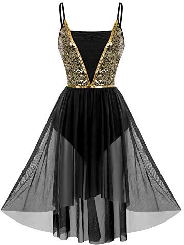 Vestito da Ballo Latino Smanicato Donna Bretelle Paillettes Body Pattinaggio Artistico Body Danza Classica Donna Abito da Ballo Lirico Contemporaneo Performance Nero L