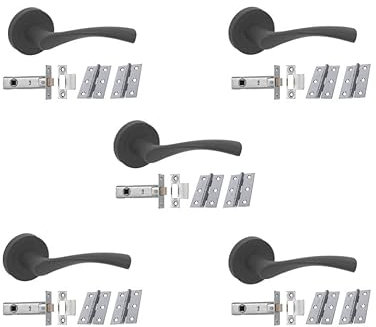 Infinity Decor 5 Sets of Twisted Lever on Round Rose Door Handles Latch & Hinges Pack in Gun Metal Grey - Ideal for Internal Use