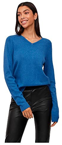 Vila Damen Viril V-Neck L/S Knit Top - Noos Pullover, Federal Blue/Detail:Dark Melange, L EU