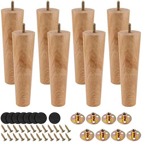 MUKLEI Lot de 8 Pieds de Meubles en Bois Massif, Pieds de canapé en Bois, Pied Meuble 20 cm avec plaques de Montage, vis et Patins antidérapants pour canapés, Tables, commodes,