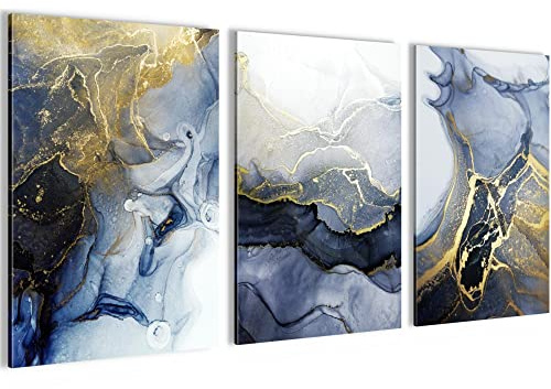 Novart Bilder Set Abstrakt - Kein Extra Rahmen benötigt - Wandbilder für Wohnzimmer Schlafzimmer - 3 Teilig Deko Blau Gold Gelb - N024436a
