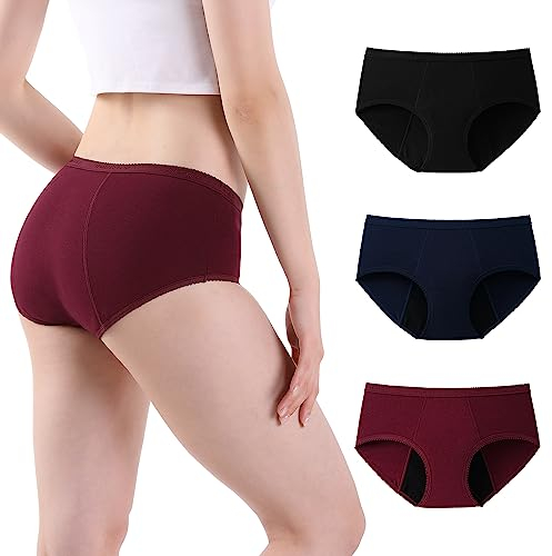 INNERSY Perioden Unterwäsche Damen Menstruationsunterwäsche Auslaufsicher Unterhosen 3er Pack (S, Schwarz/Dunkelrot/Dunkelblau)