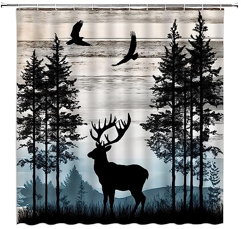 DSMEUE Rustikaler Tier-Duschvorhang, Hirschhütte, Retro-Holzbrett, Baum, Wald, Wildtiere, blauer Stoffvorhang mit Haken für Badezimmer-Dekoration, 178 x 178 cm