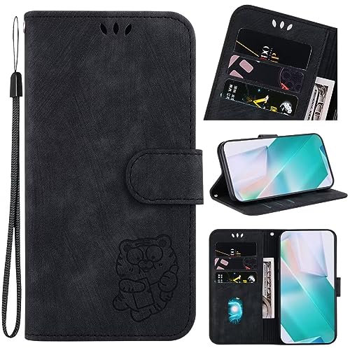 TUUNKMUY Case for Huawei Nova Y70 Plus, Premium PU Leather Embossed Tiger Magnetic Closure Shockproof Protective Flip Wallet Cover with Stand, Card Slots, Wrist Strap for Huawei Nova Y70 Plus,black