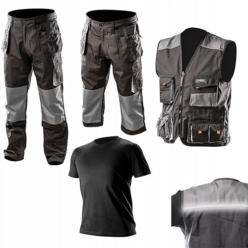 NEO TOOLS Profi Arbeitskleidungssatz Gr. S - XXL (Arbeitsweste, 2 in 1 Arbeithose, T-Shirt) - Hose 2 in 1 Lange und Kurze, Weste mit Oxford, T-shirt 100% Baumwolle (XXL)