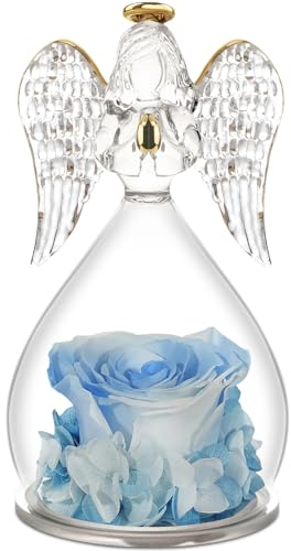 Yamonic Rosa Eterna Regalo Donna, Rosa Stabilizzata con Angelo di Vetro Regalo Mamma Compleanno, Angeli Custodi Regalo Nonna, Statuette Angeli con Fiori Eterni Festa della Mamma Idee Regalo Natale