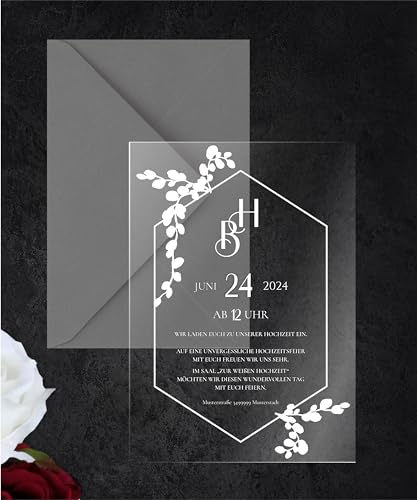 Manschin-Laserdesign Hochzeitseinladungen | Edle Einladungskarten aus Acrylglas für Hochzeit, Geburtstag, Partys - personalisierbar mit Ihrem Wunschtext - mit UV Druck