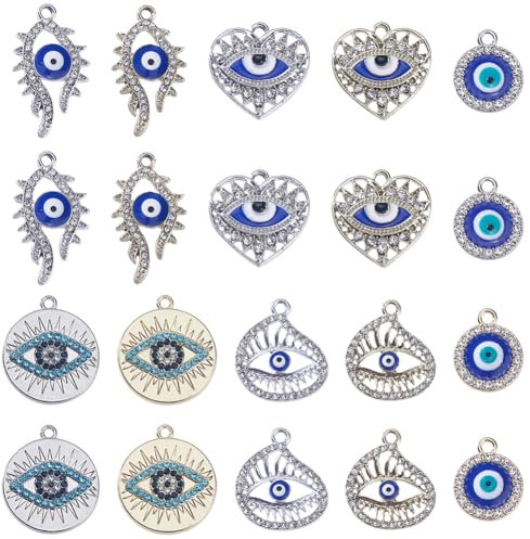 SUNNYCLUE 1 Box 40Pcs 5 Styles Silver Evil Eyes Charms Gold Eye Charms Bulk Alloy Enamel Rhinestone Heart Round Flatback for jewellery Making Women DIY Necklaces Earrings Bracelets Crafts