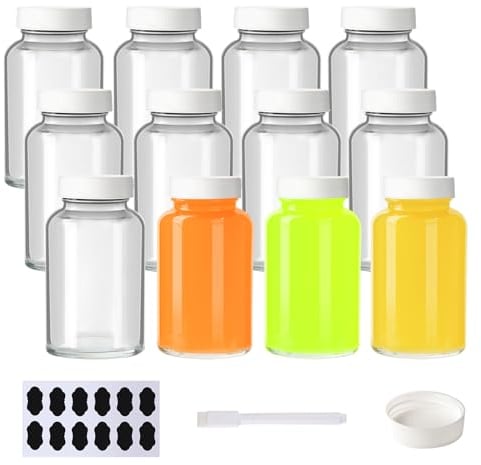 YBCPACK 12 Pack 4oz Reusable Glass Shot Bottles, Clear Wellness Shots Bottles for Ginger, 120ml Small Glass Juice Bottle with Lids, Label, Pen.(Dishwasher Safe & Leak Proof)