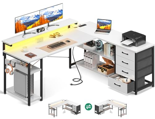 ODK Scrivania con Cassetti, Scrivania ad Angolo Reversibile con 2 Prese e 2 Porte USB, Scrivania ad L con LED per Ufficio a Casa, Bianco, 155×110cm