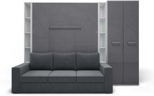 MAXIMAHOUSE Schrankbett vertikal mit Sofa, 2 Regalen und Kleiderschrank, Invento LED 140V mit Lattenrost aus Holz, Wandklappbett 140x200 modern Design (Weiß/Grau Glanz + graues Sofa)