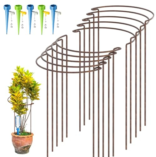 KAZITOO 10 Stück 40cm rostige Pflanze Stützpfeile, natürliche Rost Halbrunde Blume Unterstützung mit 5 Selbst Bewässerung Spikes, rostige Metall Vernetzung Garten Grenze für Pfingstrosen, Hortensie